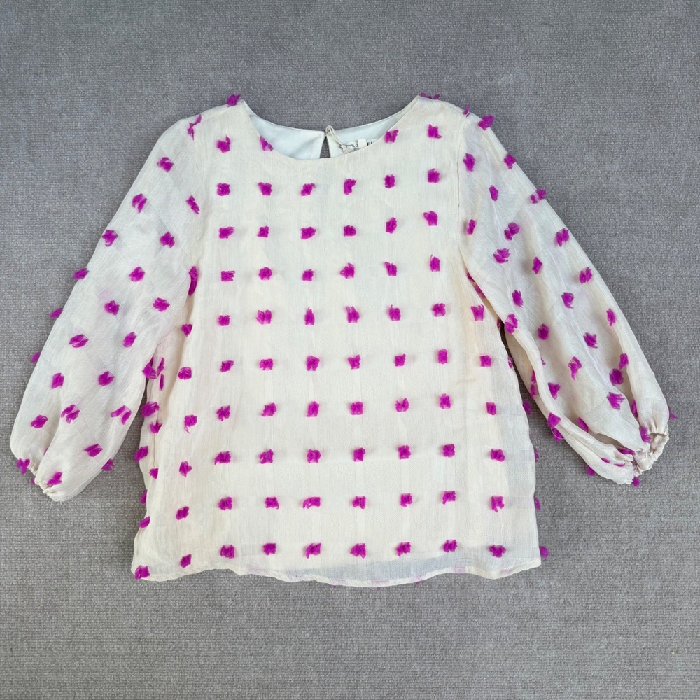 Jodifl Ivory Magenta Pom‎ Pom Blouse Small Balloon Sleeve Keyhole Back New
